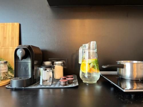 a kitchen counter with a blender with fruit in it at Garden Residence - The Lotus in Drahobudice