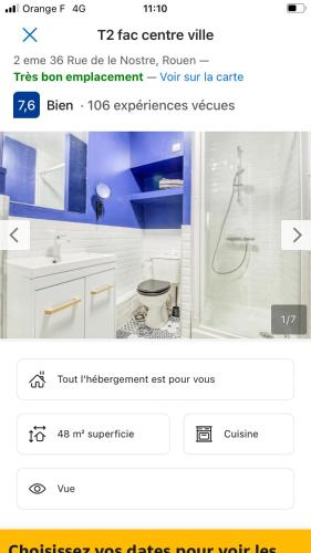 une capture d'écran d'une salle de bain avec toilettes et douche dans l'établissement F2 proche commodité, à Rouen