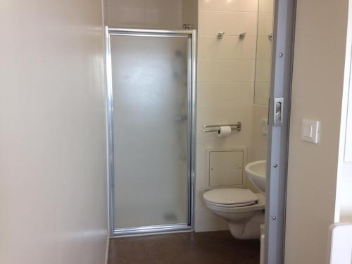 a bathroom with a shower and a toilet at Study Hôtel Bordeaux Lormont in Lormont