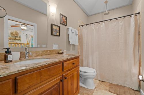 a bathroom with a sink and a toilet and a shower at Mins To Highlands Hot Tub, Fire Pit, Game Room in Franklin