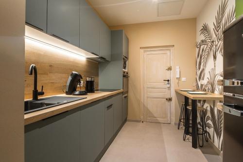 une cuisine avec un évier et un plan de travail dans l'établissement Magnifique appartement TERRASSE et PARKING privé place Dupuy, à Toulouse