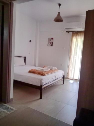 a bedroom with a bed and a window at Katerina & Despoinas Apartments in Paralia Panteleimonos