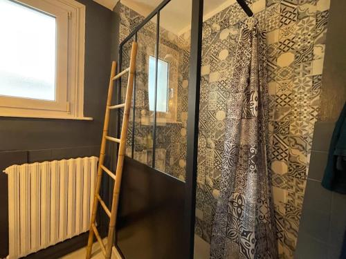 a bathroom with a shower curtain and a ladder at Maison plages & centre à pieds - proche GR34 in Saint-Pol-de-Léon
