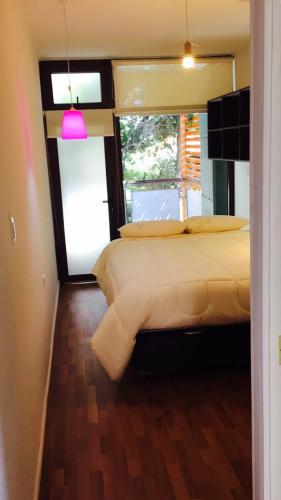 a bedroom with a large bed and a window at Cabañas Pucón - 3 tipos para 2 o 4 personas in Pucón