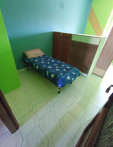 都灵Vivi la magia di Torino的一张小床,位于一个绿色的墙壁内