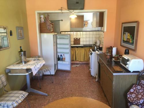 a kitchen with a refrigerator and a table in it at TERRAZAS DEL SUR in Ezpeleta