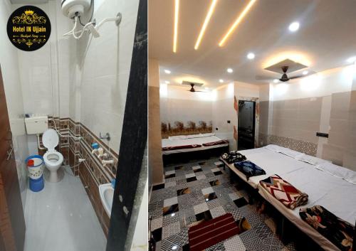 2 Bilder eines Zimmers mit einem Bett und einem Bad in der Unterkunft HOTEL IN UJJAIn in Ujjain