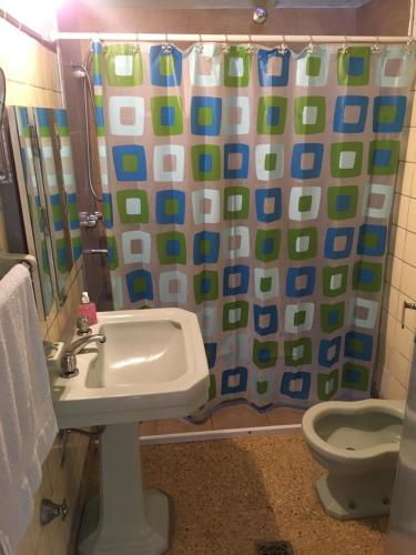 a bathroom with a sink and a toilet and a shower curtain at TERRAZAS DEL SUR in Ezpeleta