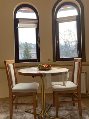einen Tisch und zwei Stühle in einem Zimmer mit zwei Fenstern in der Unterkunft Studio Carobna Dunja in Banja Koviljača