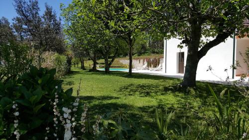 ein Garten mit Bäumen und einem weißen Gebäude in der Unterkunft Casa Do Fiscal in Barroselas