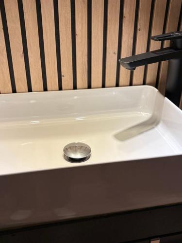 a white sink with a silver drain on it at Gîte Le Sambre in Thuin