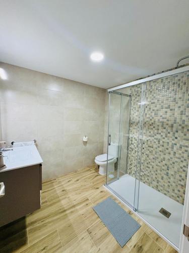 ロンダにあるApartamento Essence Ronda -CENTRO CIUDAD-のシャワー、トイレ、洗面台を備えたバスルーム