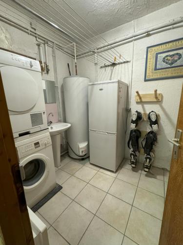 une petite cuisine avec un lave-linge et un sèche-linge. dans l'établissement Chalet des Grémiloups, Jacuzzi and Mont-Blanc view, à Saint-Gervais-les-Bains