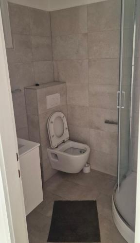 a small bathroom with a toilet and a shower at Bleus Apartments in Brna