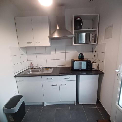 une petite cuisine avec un évier et un micro-ondes dans l'établissement Studio cosy 10 min des plages, à Saint-Brieuc