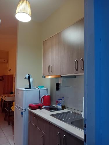 a kitchen with a white refrigerator and a stove at Villa Krini in Skiathos Town