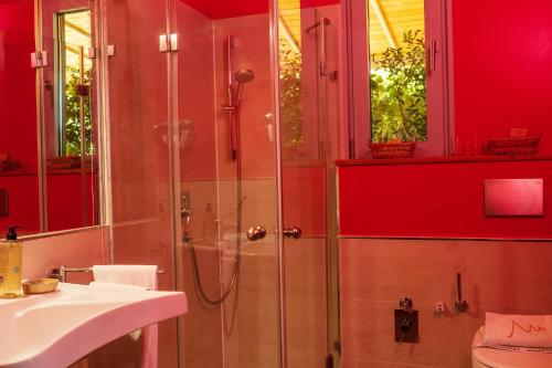 a red bathroom with a shower and a sink at VALDONICA WINERY Fine Dine & Wine Hotel in Sassofortino