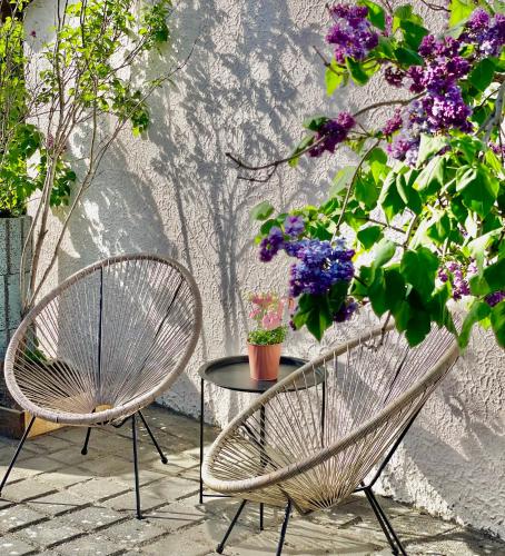 a patio with two chairs and a table with flowers at Bohlinger Hostel und Bike Verleih in Bohlingen