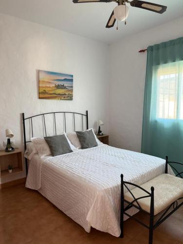 a bedroom with a bed and a ceiling fan at casa lucia in Cádiz
