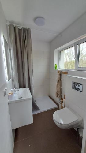 a white bathroom with a toilet and a sink at Mazury Lake House Sailing & Nature in Dobrzyki