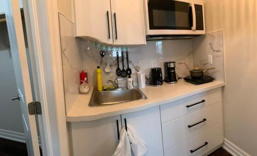 a kitchen counter with a sink and a microwave at Master bedroom suite on the 2nd floor, city center in Mississauga