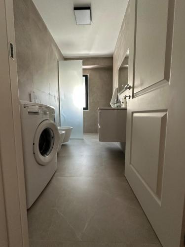 a bathroom with a washing machine and a sink at Aurela Apartment 1 in Lezhë
