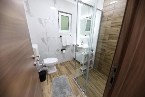 a bathroom with a toilet and a glass shower at Holiday Residence Šehić in Visoko