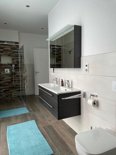 a bathroom with a sink and a toilet and a mirror at Brisare in Göhren-Lebbin