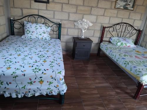 a bedroom with two beds and a table with a lamp at Cabaña de Descanso El garambullo in San Antonio de la Cal