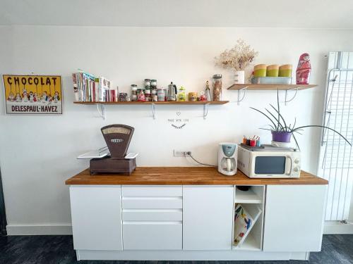a kitchen with a counter with a microwave on it at T3 parking and balcony eurexpo in Bron
