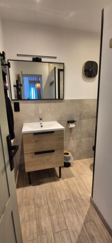 ein Badezimmer mit Waschbecken und Spiegel in der Unterkunft Entre lac et montagne in Doussard