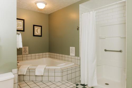 a bathroom with a tub and a shower at Sojourner's Lodge & Log Cabin Suites in Dundee