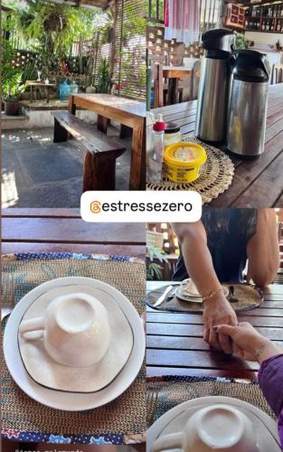 een collage van foto's van een tafel met een wit bord bij Estresse Zero in Atins