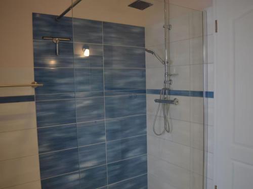 a bathroom with a shower with blue and white tiles at Haus Storchennest in Dranske
