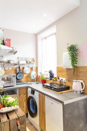 une cuisine avec un évier et une machine à laver dans l'établissement Mon cocon à Vaison, à Vaison-la-Romaine