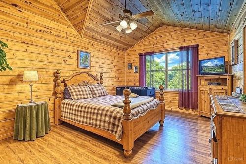 ein Schlafzimmer mit einem Bett in einer Blockhütte in der Unterkunft Brother Bear, Free Attraction Tickets, Hot Tub, WIFI!!! in Sevierville