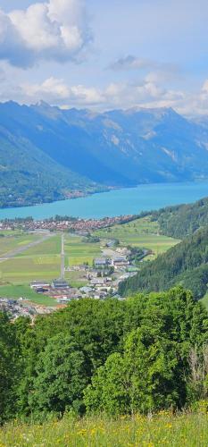 a view of a town and a body of water at The Saxeten alps in Arni Alp