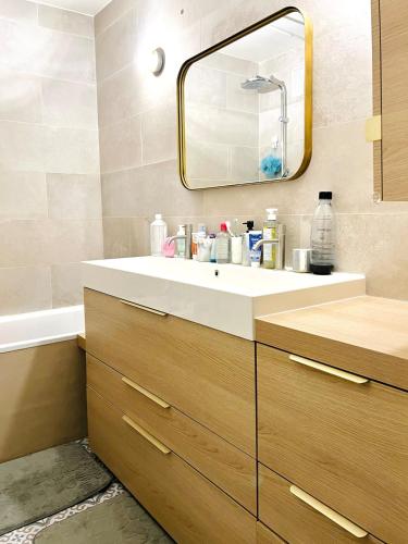 une salle de bain avec un lavabo et un miroir dans l'établissement Un Cocon Vert Canard à côté Paris 14ème - 3 pièce de 70m2 avec 2 chambres et un grand salon lumineux, à Montrouge