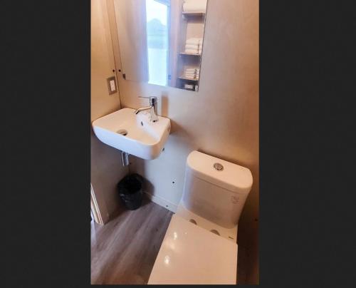 a bathroom with a toilet and a sink at Flotel Montebello in Montebello