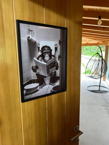 a picture of a bathroom with a monkey reading a newspaper at Log Cabin Plavšić - Vikendica Plavšić in Šipovo
