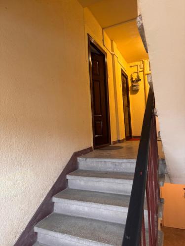 a stairway leading to a door in a building at Cozy apartment in Baia Mare