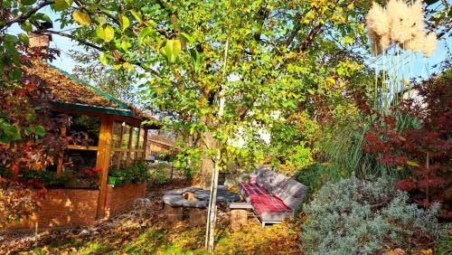 a couch sitting in the middle of a garden at Bosnian Villa in Hadžići