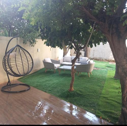 einen Garten mit einer Schaukel, einer Couch und einem Baum in der Unterkunft אירוח בגבעה in Giv‘at Shemuʼel