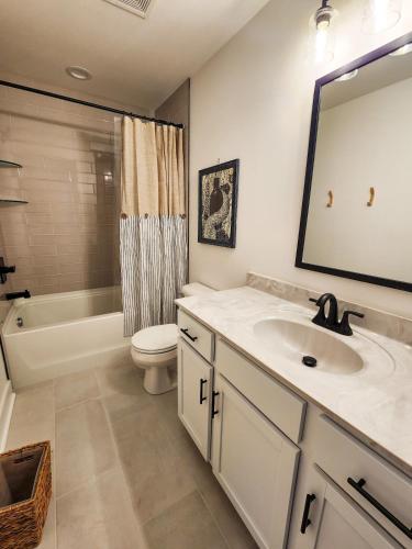 a bathroom with a sink and a tub and a toilet at Kim's Place on Cigar Hill - 41 W High St in Clarksville