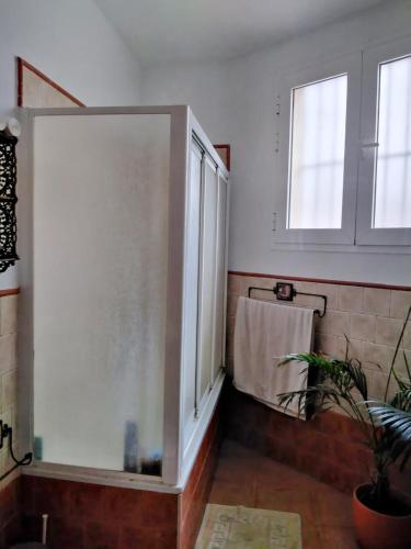a bathroom with a shower stall and a towel at Casa La Vega in Torrox Costa