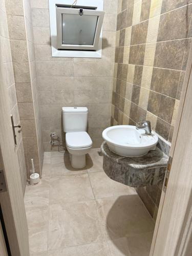 La salle de bains est pourvue de toilettes, d'un lavabo et d'une télévision. dans l'établissement Downtown new Alamain apartments near Rixos El Alamain, à El Alamein