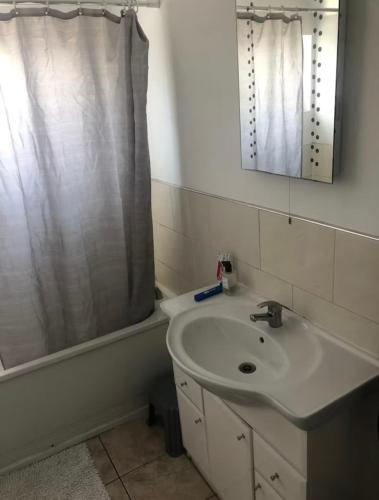 a bathroom with a sink and a shower curtain at Coven in Moffat