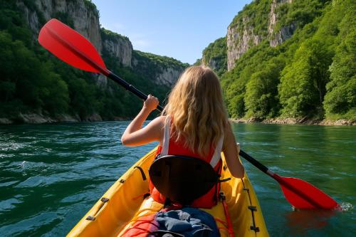 a young girl paddling a kayak down a river at Villa de Charme avec Piscine Calme & Élégance in Aubenas