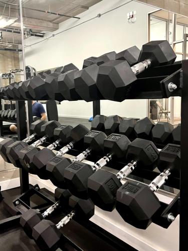 a row of dumbbells on a rack in a gym at Top Floor Hollywood 1BR Condo with Views in Los Angeles