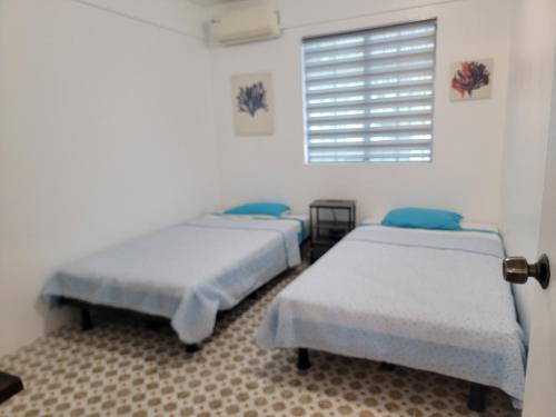 two beds in a room with a window at Green Flash Dive Inn in Garapan